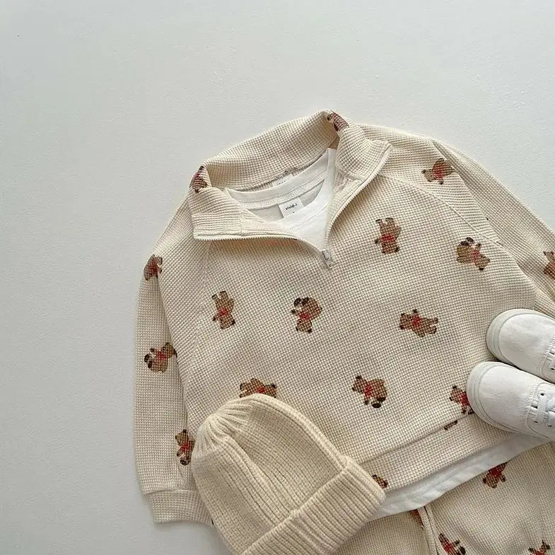 Waffle Bear Print Half-Zip and Pants Set
