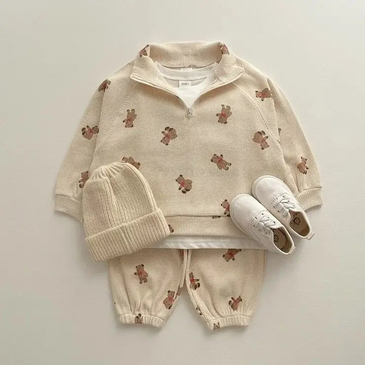 Waffle Bear Print Half-Zip and Pants Set
