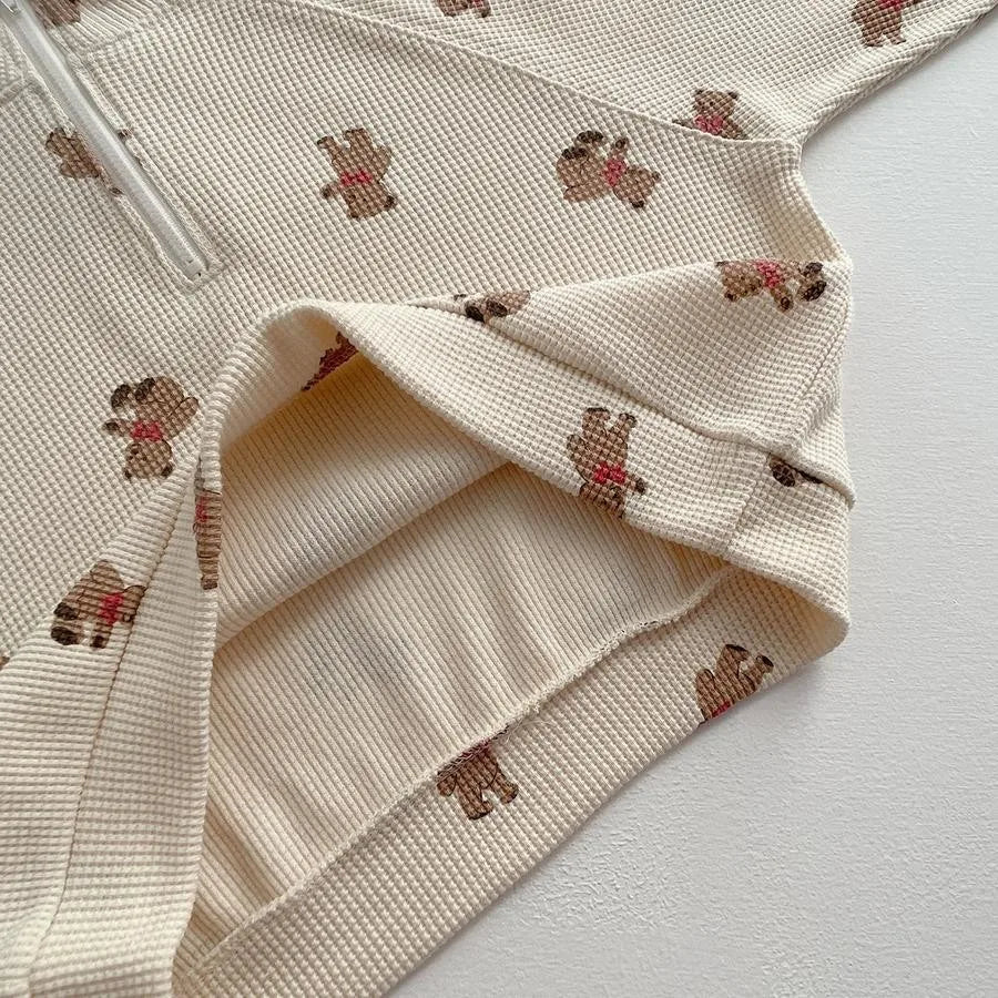 Waffle Bear Print Half-Zip and Pants Set
